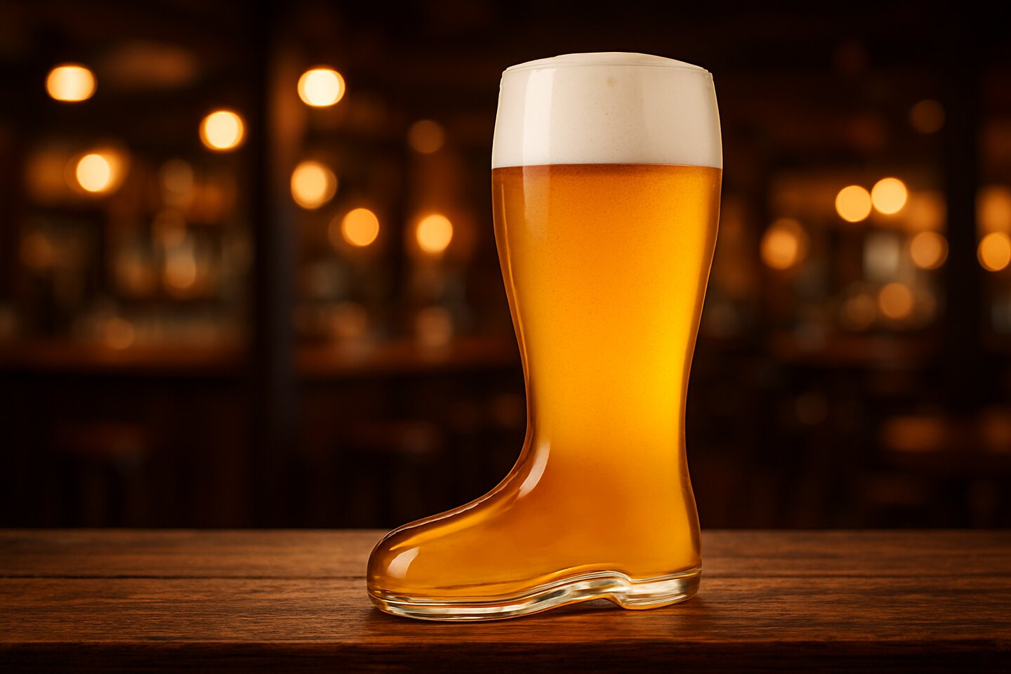 Bierlaars met bier op een houten cafetafel in een gezellige kroeg